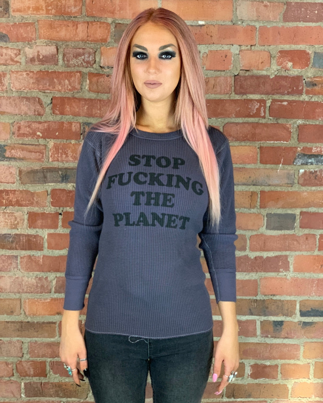 Stop F*cking The Planet Vintage Black Recycled Long Sleeve Thermal - Wild Ones